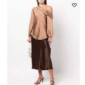 Jonathan Simkhai Alice Satin One-Shoulder Long Sleeve Blouse Size Small Latte